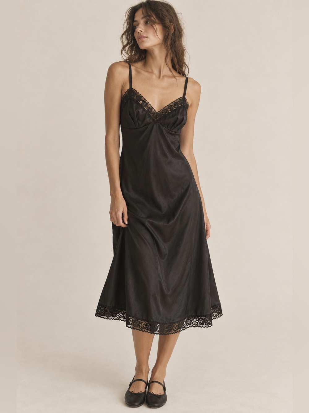 Vintage Vanity Fair Black Satin Lace Slip Dress 90s Nightgown Made in USA